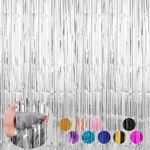 Image of 6 Pack Silver Foil Fringe Curtains Streamers Party Decorations 3.3 x 8.2 ft, Tinsel Curtain Fringe Backdrop for Parties, Silver Door Fringe Birthday Streamers, Photo Booth Backdrops, Party Decor