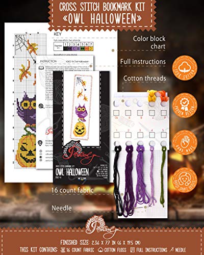Image of Povitrulya Halloween Owl - Counted Cross Stitch Kit with Halloween Pumpkin Jack-o'-Lantern - DIY Hand Embroidery Bookmark