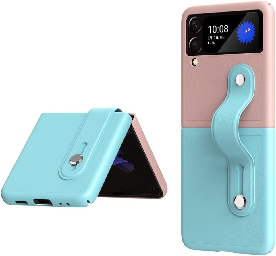 MAKINGTEC Mobile Phone Protective Case, for Z Flip 3 5G 2021 with Hand Strap Cover PU Leather Compatible with Fit for Samsung Galaxy Z Flip 3 5G Case Wristband Plastic PC (Pink Blue) (Galaxy Z Flip 3)
