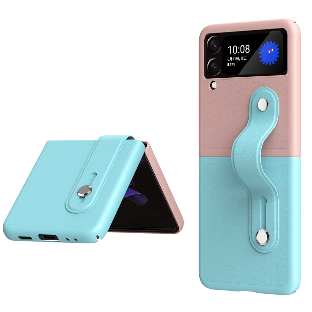 MAKINGTEC Mobile Phone Protective Case, for Z Flip 3 5G 2021 with Hand Strap Cover PU Leather Compatible with Fit for Samsung Galaxy Z Flip 3 5G Case Wristband Plastic PC (Pink Blue) (Galaxy Z Flip 3)