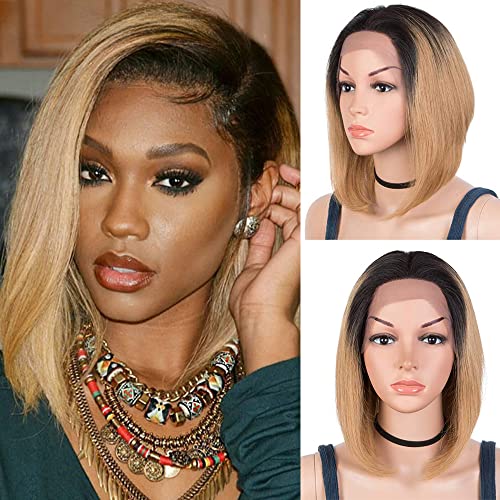 JOEDIR LUX 4X4 Lace Front Bob Wigs Short Ombre Blonde Bob Wigs Brazilian Virgin Human Hair for Black Women 12 Inch 130% Density