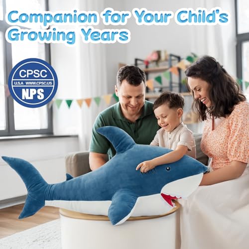 Image of MorisMos 39inch Giant Shark Stuffed Animal, Large Stuffed Shark Plush Toys Pillow Gift for Kids Girlfriend, Blue