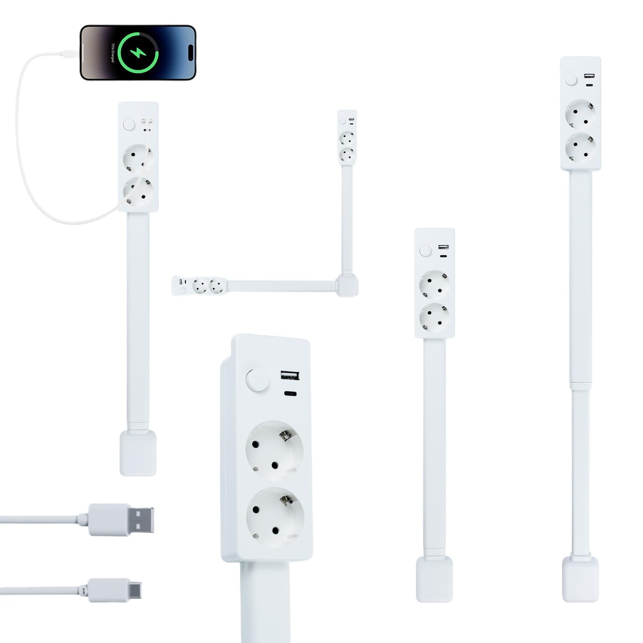 Ciabatta elettrica estensibile girevole con 2 prese UE e porte USB, 48-71 cm per spazi ristretti e dietro mobili