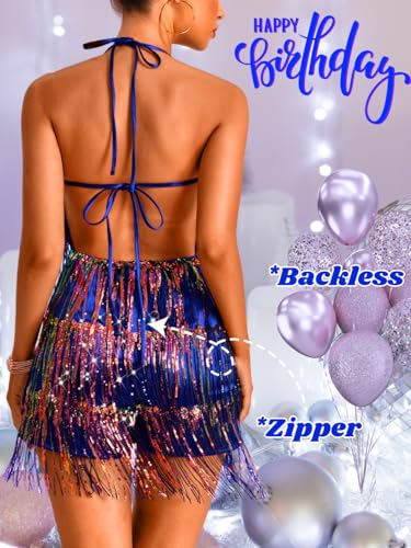 Image of Kaei&Shi Sequin Fringe Romper,Sparkly Glitter Metallic Jumpsuits For Women,Backless Shorts Dress Disco Birthday Dance Outfit