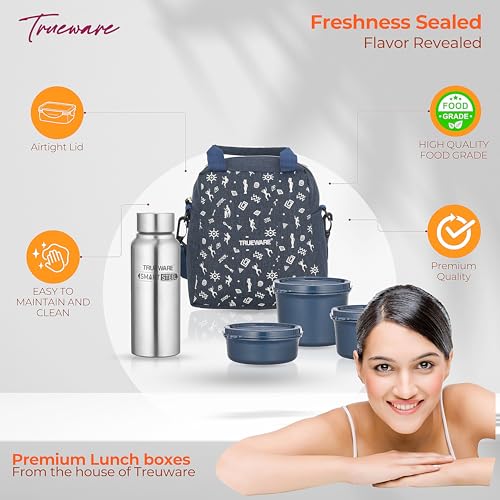 Image of Trueware Omaga Lunch Box with Insulated Khadi Jacket, 3 Microwave Safe & Leak Proof Inner Stainless Steel Containers (1 x 200ml, 1 X 400ml & 1 X 500ml) & 1 Steel Bottle 500ml Tiffin for Office,College