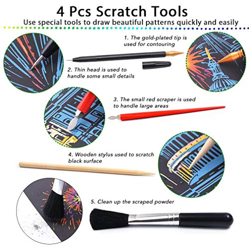 Scratch & Scratchboard Art Paper for Kids & Adults, Rainbow Painting Night View Creative Gift, 8 Sheets A4 Scratch Cards with 4pcs Scratch Drawing Tools