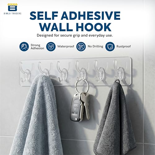 Image of Waterproof Stick on Adhesive Wall Hooks 2 Set of 12 Pcs- Heavy Duty Transparent Hooks for Photo Frames, Wall Clocks, Keys, Hanging Robe | No Damage, Easy Installation |Smart Storage Solution.