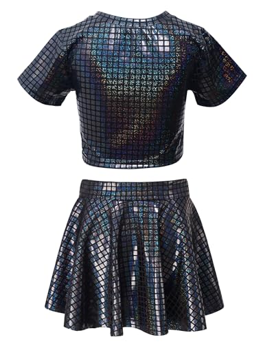 Image of Happy Cherry Kid Girl Shiny Skirt and Top Set 2 Pcs Short Sleeve Metallic Disco Crop Top & Pleated Mini Skirt Set