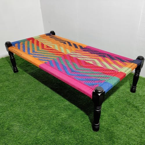 Image of Solid Sheesham Wood Charpai Khat Bed | Wooden Khatiya Charpai Desi | Handcrafted Khatiya Bed with Cotton Rope | Strong Khat for Indoor & Outdoor Use | 6X3 Feet | Blue-Multi