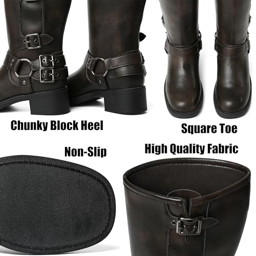 Image of AMINUGAL Knee High Boots Women Square Toe Pull On Wide Calf Riding Fashion Buckles Chunky Metallic Casual Vintage Buckle Rivet