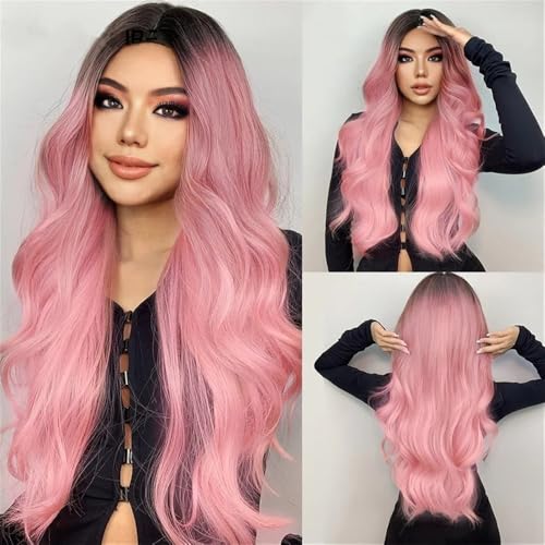 Perruque synthétique mi-longue bouclée noire dégradée rose pour cosplay - 4