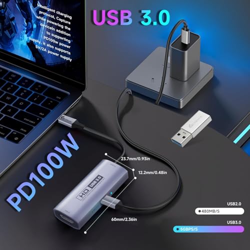 Guermok キャプチャーボード USB3.0 HDMI to USB-A/C（PD 100W対応）1080P 60fps録画 Type-Cアダプター付き Switch/PS5/PS4・iPad/Mac/Oculus Quest 3対応 シルバー 型番：JP-Z71-S の商品画像 2