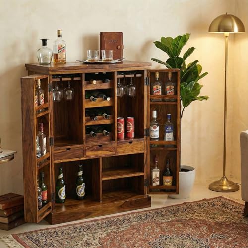 Image of Solid Sheesham Wood Bar Unit Cabinet with Storage Bottle Shelves & Built-in Glass Holder Wooden Drink Wine Rack Organizer for Living Room, Home & Lounge Dining Cupboard Liquor Furniture