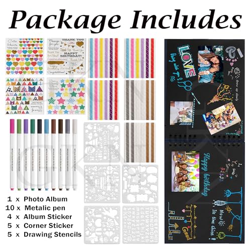 Image of GKN DIY Scrapbook Album Kit 40 Sheets /80 Pages Photo Album for Anniversary Birthday Wedding Memory Book with Metallic Pens, Stickers & DIY Accessories (Black)
