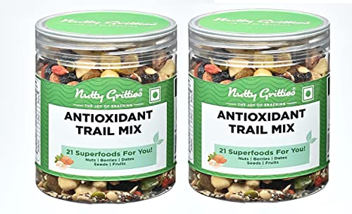 Image of NUTTY GRITTIES Antioxidant Trail Mix 325G|21 Superfoods In 1 Mix|Including Almonds,Hazelnuts,Brazil Nuts,Berries,Dry Dates,Chia Seeds,Pumpkin Seeds&Many More Mixed Dry Fruits|Resealable Jar,Pack Of 2