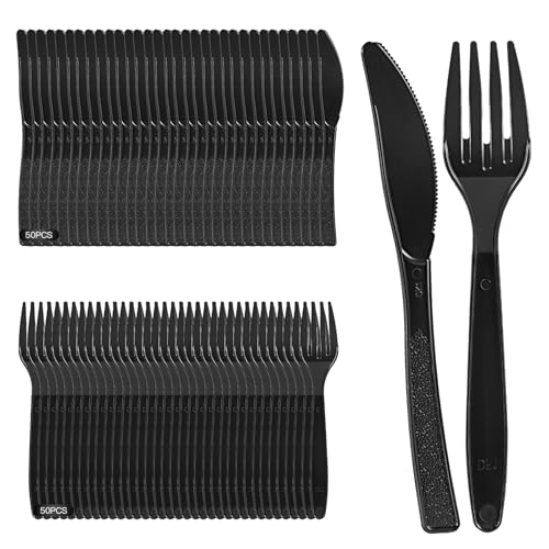 Plastikbesteck, 100 Stück Plastikbesteck Set, Wiederverwendbar Party Besteck Enthalten Plastikgabeln Plastik Messer Party Besteck Plastik für Partys Outdoor Abendessen (schwarz)