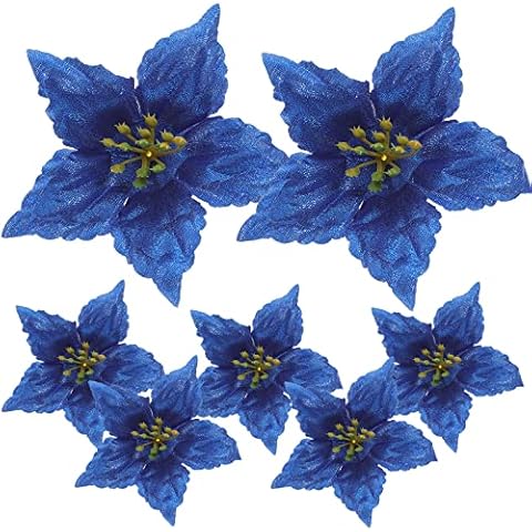 Beavorty 7Pcs Christmas Glitter Poinsettia Flowers Artificial Poinsettia Flowers Christmas Wreath Flowers Xmas Tree Ornaments for Christmas Tree New Year Home Outdoor Decoration ( Blue ) Cover