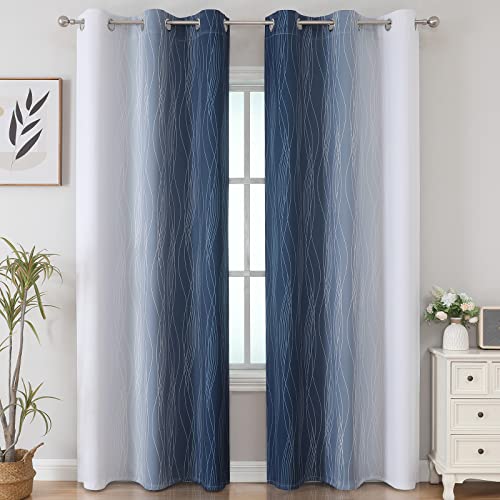 Estelar Textiler Navy Blue and Greyish White Blackout Curtains 84 Inches Long, Full Room Darkening Grommet Curtains for Bedroom,Thermal Insulated Ombre Blackout Drapes for Living Room,42Wx84L,2 Panels
