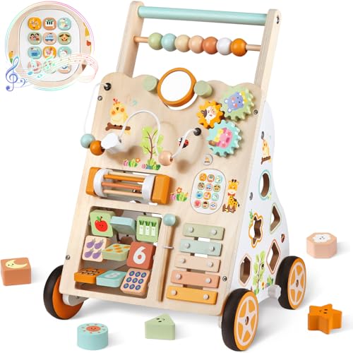 Baby Push Walker, Wooden Baby Walker with Wheels, Montessori Activity Center for 1 Year Old Boys Girls, Adjustable Speed & Height Push Toy for Toddlers, Educational Gift for Ages 1+ Kids Development