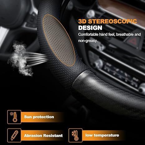 Image of Steering Wheel Cover, Universal 15 inch, Microfiber Leather, Breathable, Anti-Slip,Warm in Winter and Cool in Summer, Breathable Auto Car Steering Wheel Cover (Black)