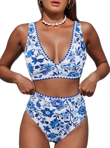 Image of Hilinker Women's Leopard Bikini Swimsuits V Neck High Waisted 2 Piece Bathing Suits