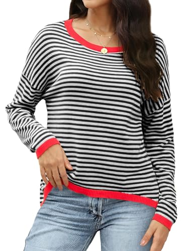 Buauty Womens Long Sleeve Crewneck Knitted Striped Sweaters Casual Color Block Drop Shoulder Pullover 2025 Trendy Tops2