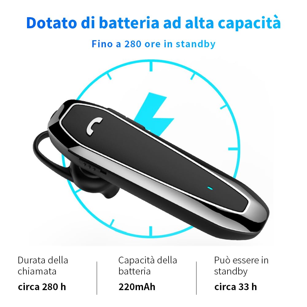 Auricolari wireless Bluetooth 5.3, autonomia standby fino a 280 ore, 33 ore di conversazione, utilizzabili in modalità mono, riduzione rumore, connessione a due dispositivi.(Nero)