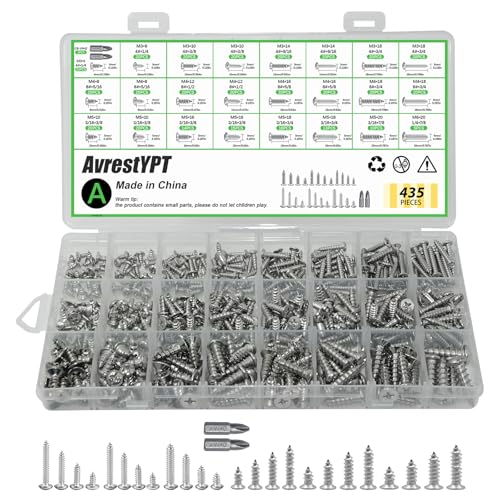 435Pcs 304 Stainless Steel Self Tapping Screws Assortment Set, M3/M4/M5/M6 Flat Head & Round Head Self Tapping Screws Assortment Set, Phillips Drive Wood Screw Assortment Kit