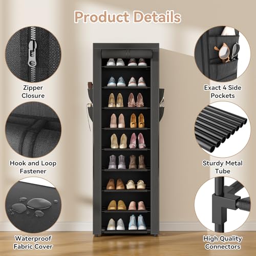 Image of LANTEFUL Narrow Shoe Rack with Cover 10 Tier Tall Shoe Rack Organizer Large Capacity Shoe Shelf Storage 18-22 Pairs Space Saving Free Standing Shoe Storage Organizer for Closet, Entryway, Dorm, Black
