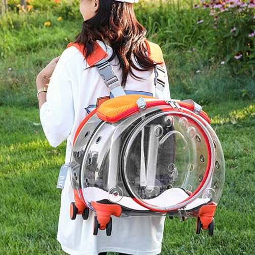 cdar Pet Trolley Case with Ventilation Holes,Cat Carrier with Silent Wheels Telescopic Handle Portable Cats Dogs Backpack for Travel Orange