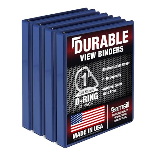 Samsill Durable 1 Inch Binder, Made in The USA, D Ring Binder, Customizable Clear View Cover, Blue, 4 Pack, Each Holds 225 Pages