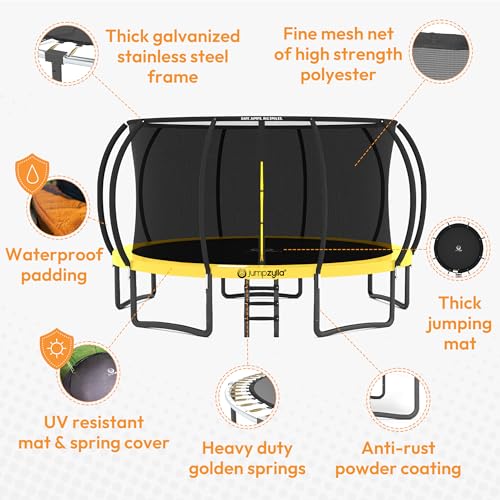 Image of JUMPZYLLA Trampoline Outdoor 8FT 10FT 12FT 14FT 15FT 16FT with Enclosure and Ladder, ASTM Approved Recreational Trampoline for Kids and Adults, Anti-Rust Coated Frame