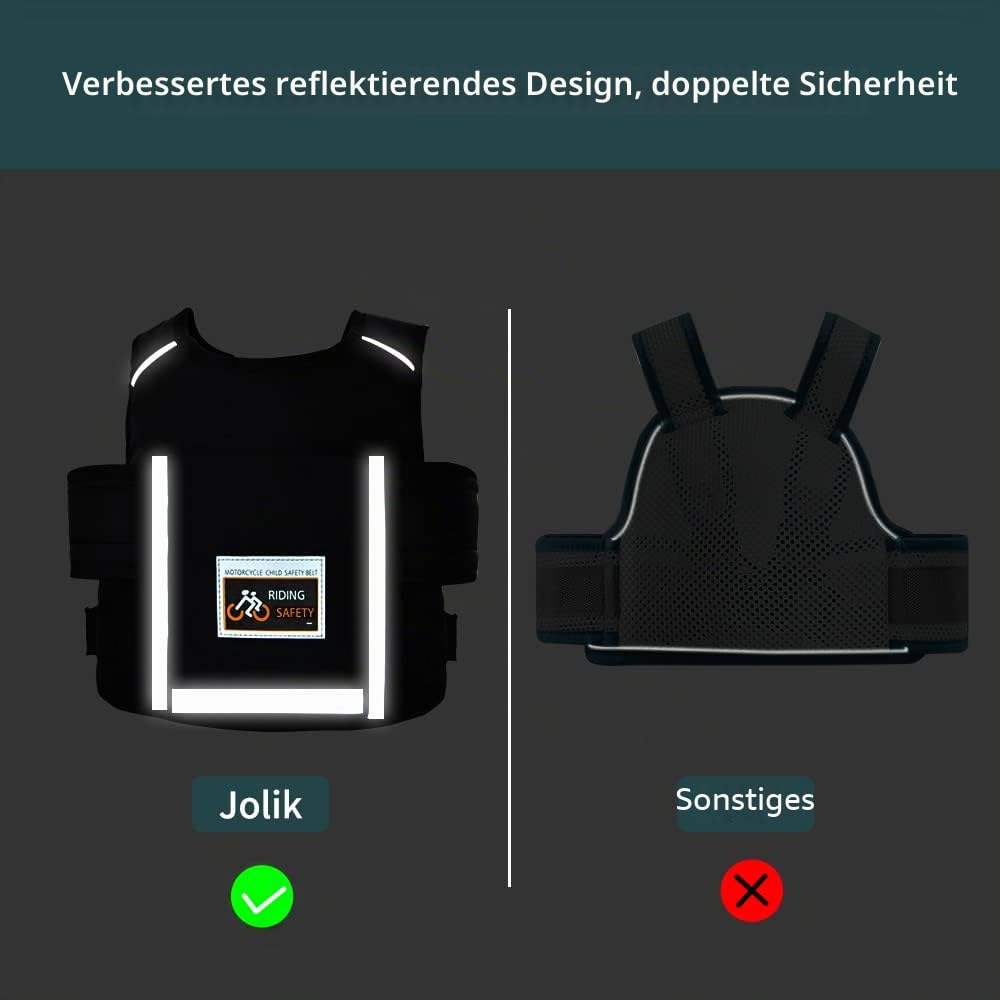 Jolik-Upgrade Kinder-Sicherheitsgurt Motorrad mit Tasche, einstellbares reflektierendes Kinder-Motorrad-Sicherheitsgürtel bis zum Alter von 1-12 Jahren