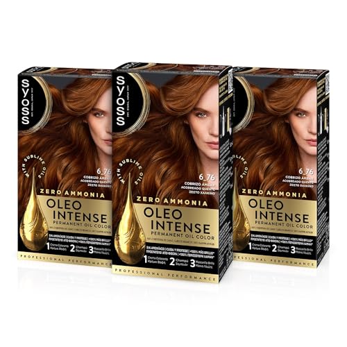 Syoss Oleo Intense - Tinte 6-76 Cobrizo Ámbar – Coloración permanente Sin Amoníaco – Cobertura profesional de canas – Resultados de peluquería (Pack De 3)