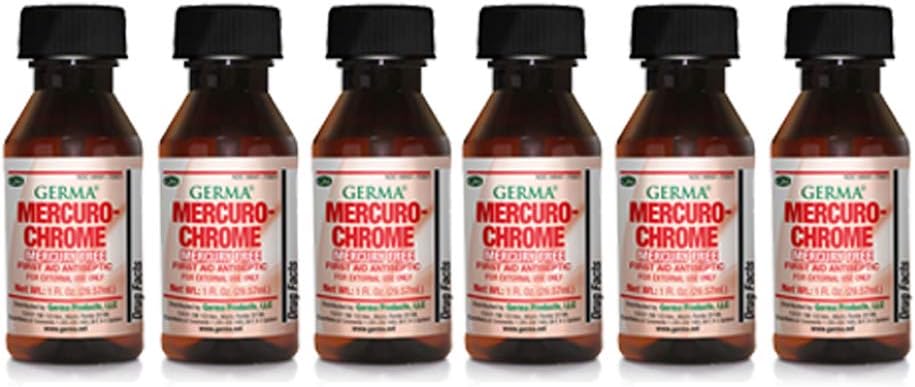 Germa Mercuro-Chrome. Mercury Free First Aid Antiseptic. For Cuts, Scrapes and Burns. Helps Prevent Skin Infection. Red. 1 oz. Pack of 6