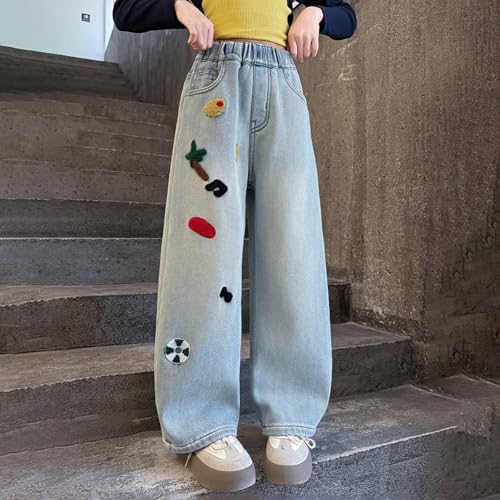 Girl's Bow Embroidered Baggy Jeans Elastic Wasit Wide Leg Denim Pants Casual Y2K Streetwear Cute Trousers with Pockets2