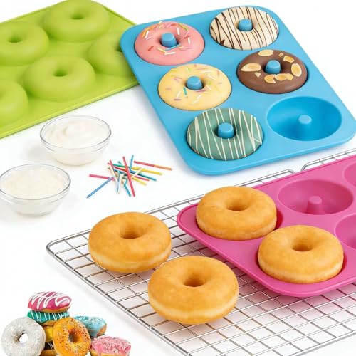 Doughnut Mould - 3 Pcs 6-Cavity Food Grade Silicone, Non-Stick Donut Mould for Baking, Reusable Doughnut Mould for Donuts Doughnuts, Bagels Muffins (Pink/Blue/Green) - Image 5