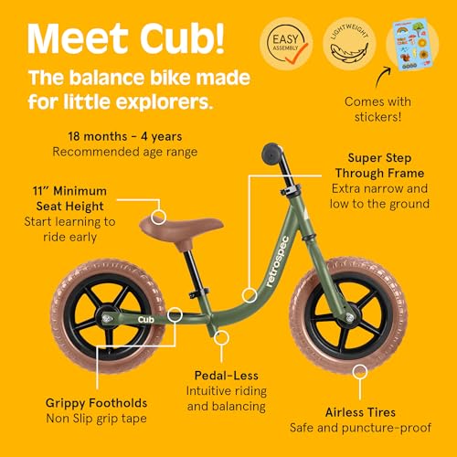 Image of Retrospec Cub Toddler Balance Bike for Ages 18 Months - 3 Years - 12in No-Pedal Beginner Bicycle with Adjustable Seat, Puncture-Proof Tires & Safe Low Frame Design