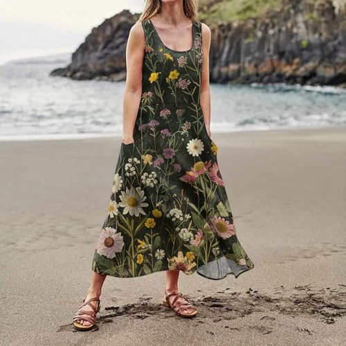 Plus Size Cotton Linen Summer Dresses for Curvy Women 2025 Sleeveless Maxi Vacation Beach Sundresses with Pockets