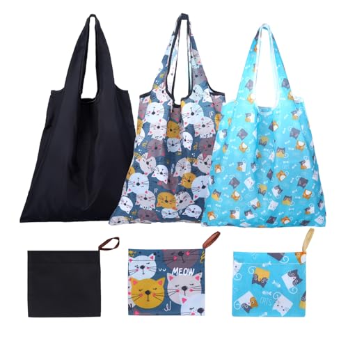 3 Stück Katzenmotiv Einkaufstasche Faltbar, Faltbare Tasche Wasserdichter Beutel Einkaufsbeutel Faltbar mit Griff Einkaufstaschen für Lebensmitteleinkauf Picknicken Camping Waschbar Leicht zu Tragen