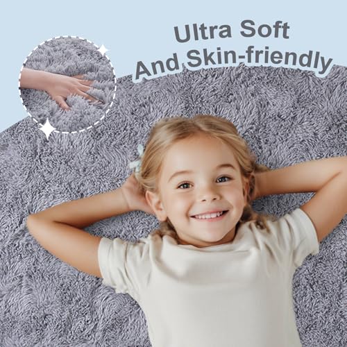 Grey Rugs for Bedroom Fluffy 3x5 ft Living Room Rug Non-Slip Area Rugs Shag Carpet for Nursery Kids Play Room Dorm Office Indoor Modern Plush Carpets Boys Light Gray