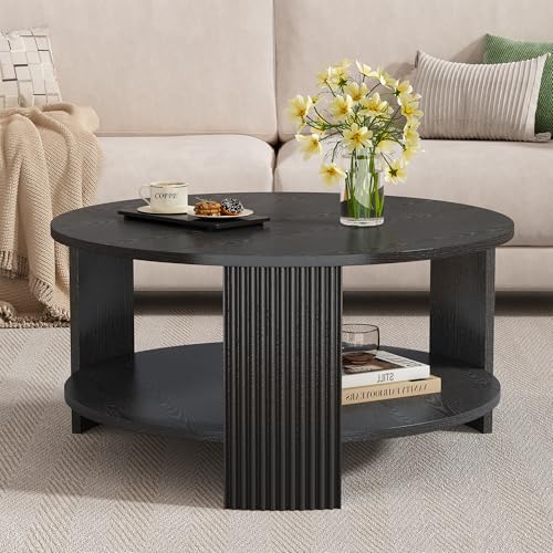 Furniouse Round Coffee Table 31.5''in Modern Coffee Table with Fluted Legs, 2 Tier Circle Wood Coffee Table with Storage for Living Room, Black