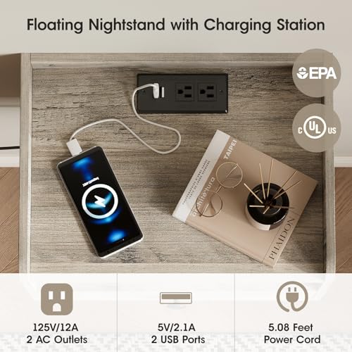 Hoseoka Grey Floating Nightstand Set Of 2 With Charging Station And Drawer Small Bedside End Table With Outlet Modern Floating Night Stand For Bedroom Wood Wall Mounted Nightstands Set 2 Grey thumb #5