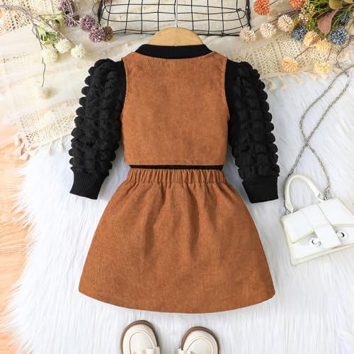 Image of Toddler Girls Christmas Outfits Girls Puff Sleeve Knit Ribbed Tops Button Down Vest Plaid Skirt Set Winter Clothes