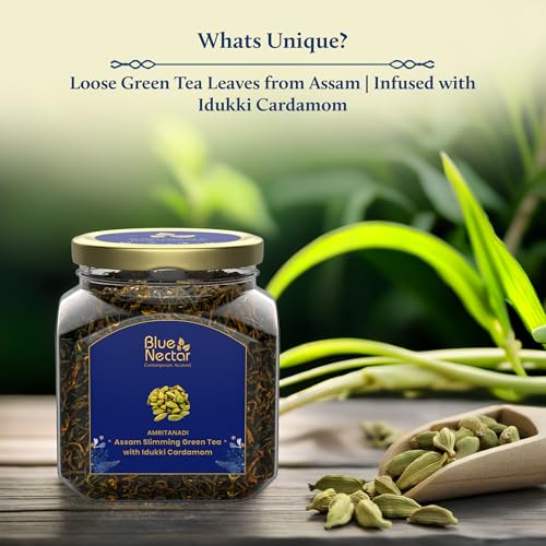 Image of Blue Nectar Green Tea Loose Leaves for Weight Management with Idukki Cardamom | Detox Green Tea Strainer Packed in Eco Friendly Glass Jar (65g)