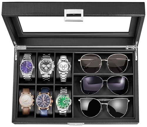 BEWISHOME Watch Box Sunglass Organizer with Real Glass Top, 6 Watch Case and 3 Slots Sunglasses Box for Men, Carbon Fiber Design, Black SSH18C