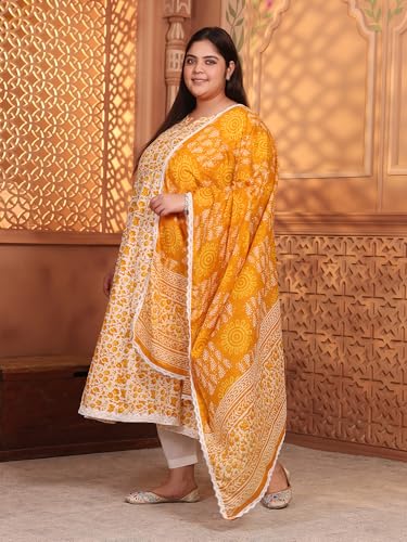 Image of MEERA FAB Women's Pure Cotton Printed Anarkali Kurta with Palazzos & Dupatta