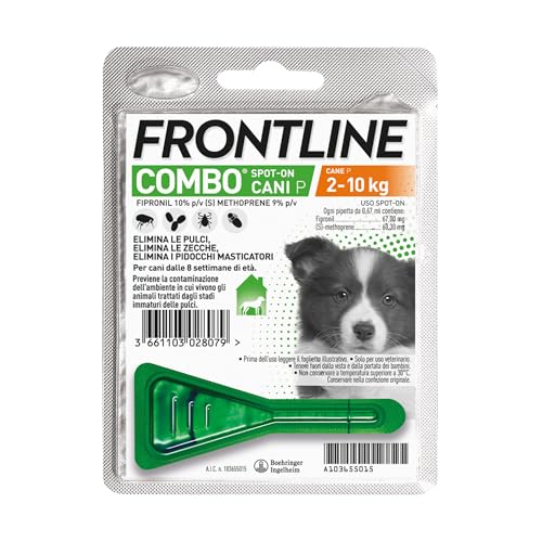 FRONTLINE Combo, 1 Pipetta, Cane Taglia S (2 - 10 Kg), Antiparassitario per Cani, Cuccioli di Lunga Durata, Protegge il Cane e Anche la Casa da Pulci, Zecche, Uova e Larve, Antipulci 1 Pipetta