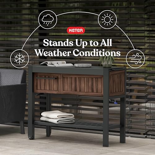 Image of Keter Extendable Outdoor Bar Cart with Hidden Cooler, Storage Drawers & Prep Surface - Mobile Patio Serving Station with Drainage Kit & Hidden Wheels for Backyard, Garden & Poolside Entertaining