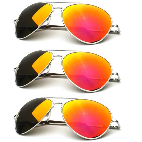 zeroUV - Premium Full Mirrored Aviator Sunglasses w/Flash Mirror Lens (3-Pack Silver | Orange)